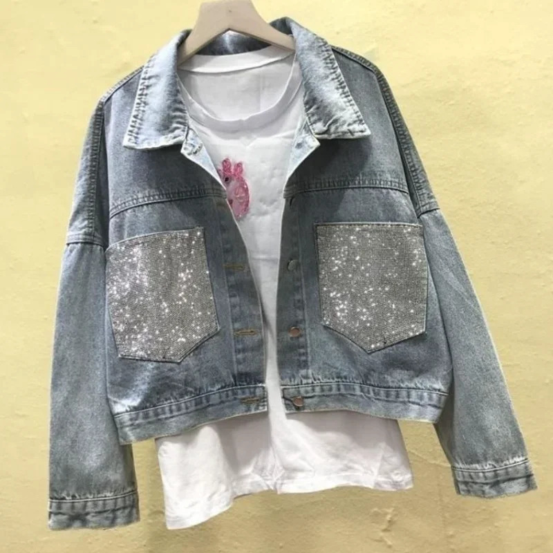 Womens denim jacket coat diamond rhinestone sequin small print womens jeans blue short spring autumn crop 241112