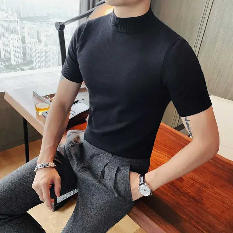 Large size 4XL-M autumn mens half turtle neck short sleeved knitted sweater mens ultra-thin elastic solid casual floral street clothing W2411111