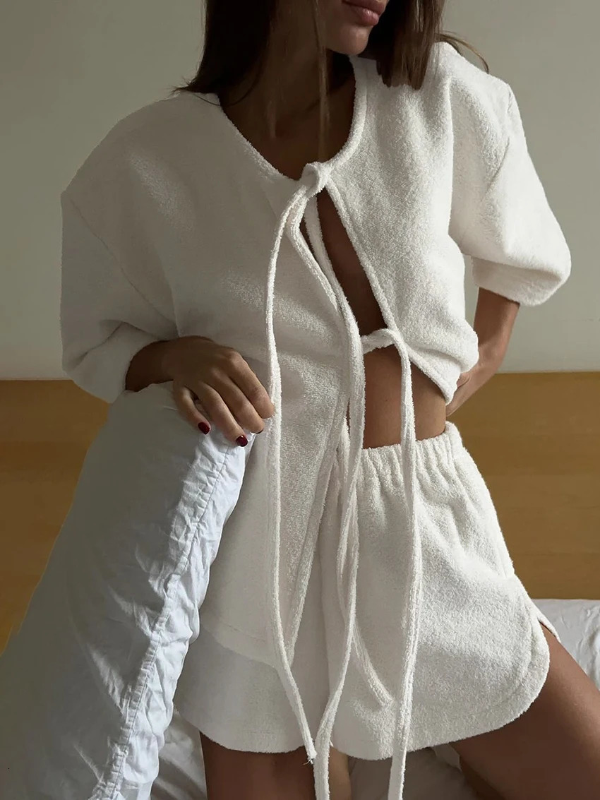 Marthaqiqi casual womens 2-piece set of O-neck pajamas short sleeved evening gown lace pajamas cotton pajamas set 241112