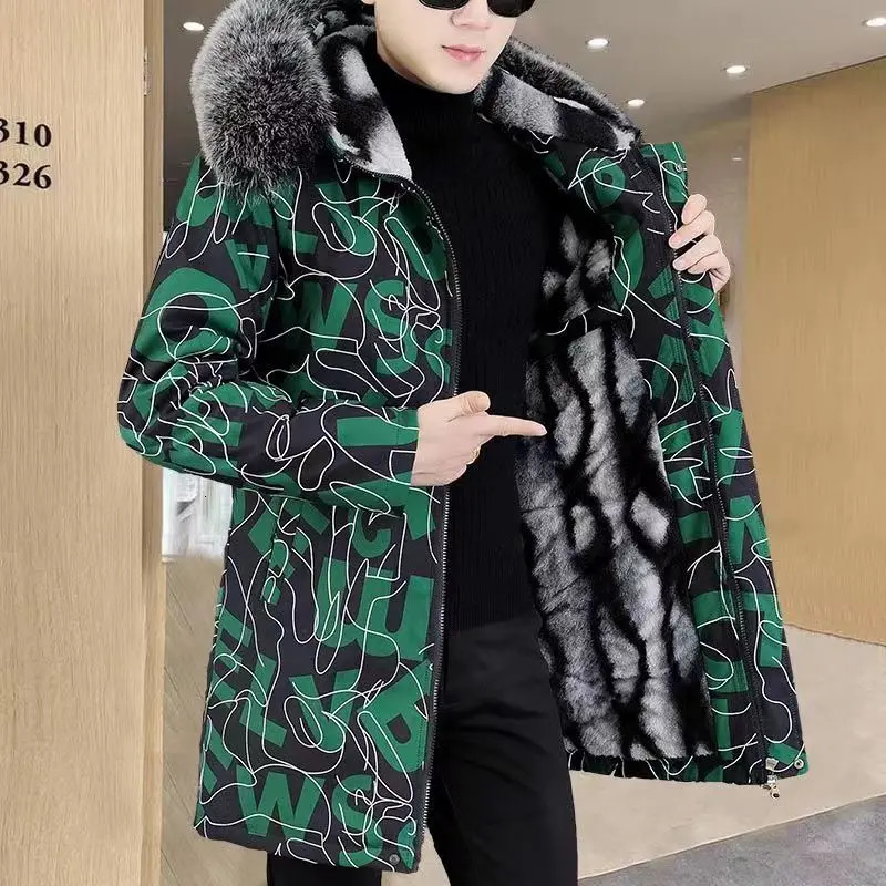 CottonPadded Coat Winter Jacket Mens Parkas ashionable MidLength Thickened Letter Print Fur collar 241108