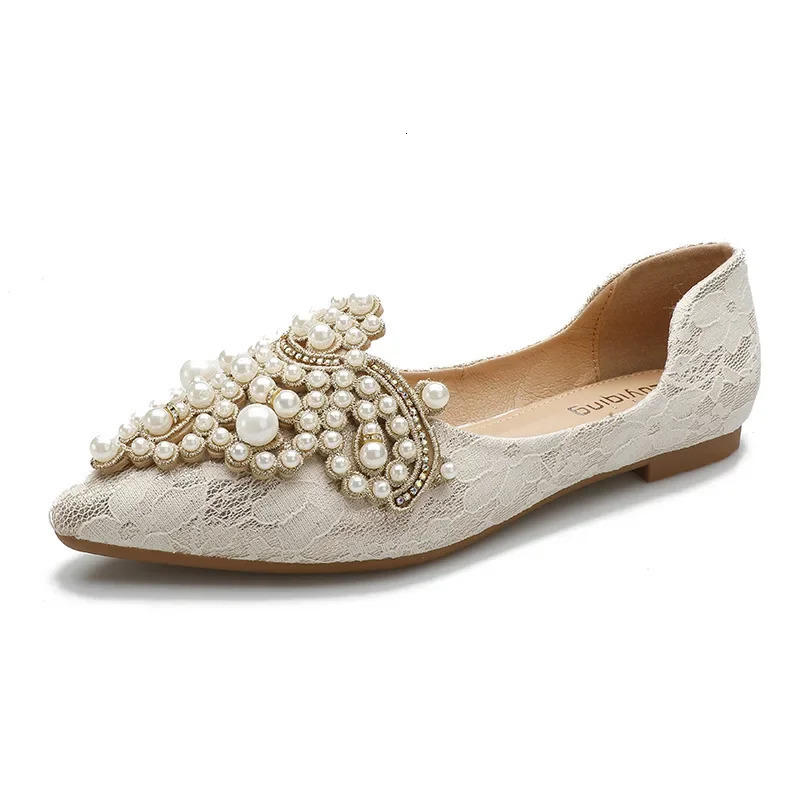 Womens Shoes er Beads Wedding Lace Embroidered Flat Womens Ballet Performer Corner Toe Pearl Shoes Sports Shoes Size Up 241111