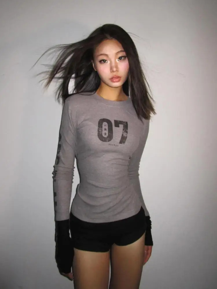 Tawaaiw American retro letter graphic T-shirt womens long sleeved autumn top 2000s clothing Y2k ultra-thin T-shirt womens clothing 241112