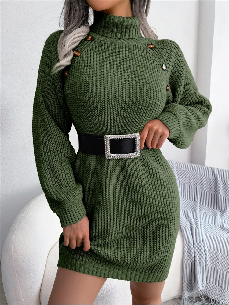 Womens Turtleneck long sleeved ribbed knitted sweater chiffon dress autumn solid color military green tight mini dress 241111