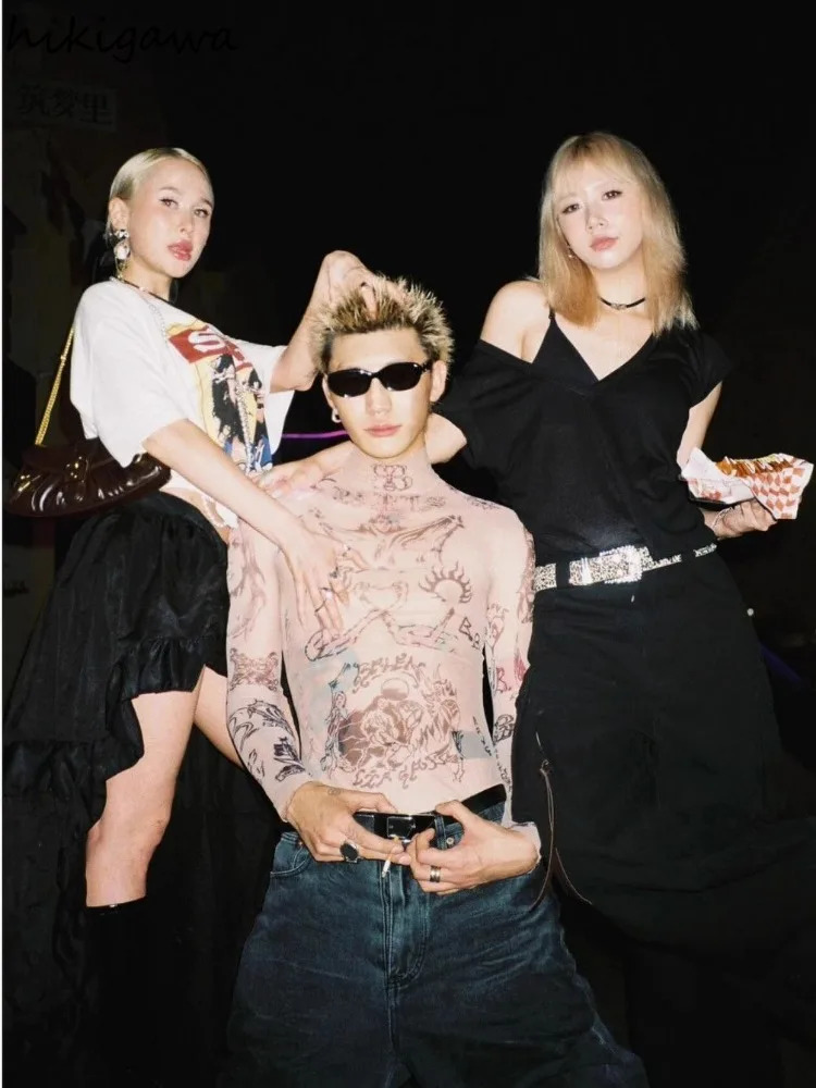 Graffiti print top womens sexy T-shirt Tunic Gauze Camisetas Y2k top fashion perspective Ropa unprinted shirt 241112