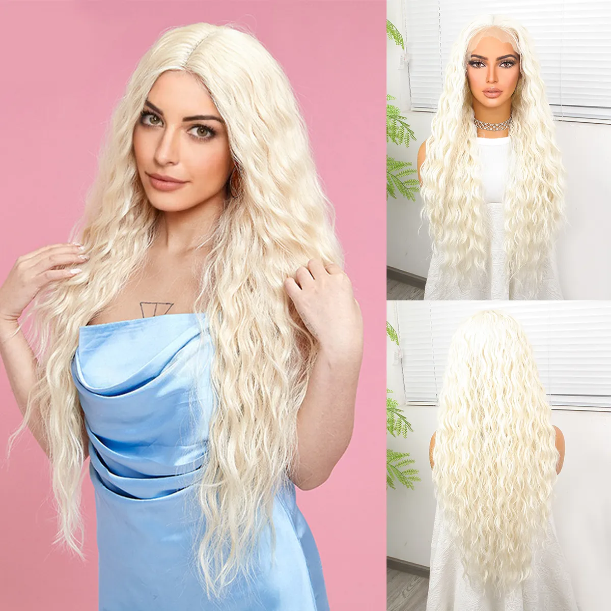 13x6 Cosplay Loose Deep Wave Front Classy Simulation Human Long Hair Wigs Frontal Transparent HD Lace Closure Wig for Black Women Glueless Synthetic