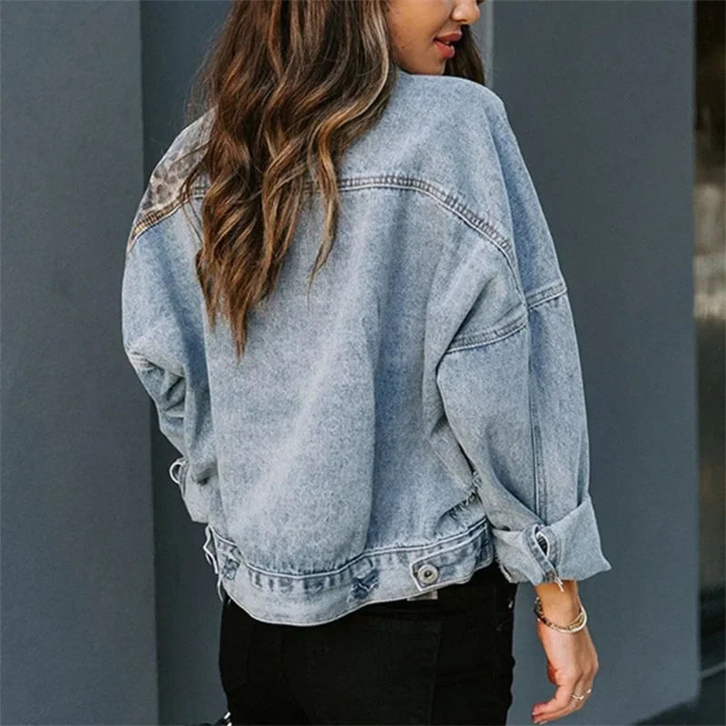 Womens denim jacket spring vintage jacket long sleeved single chest leopard print casual jeans womens top 241112