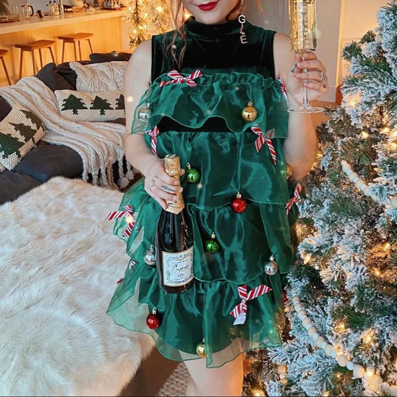 Fashionable Christmas printed sleeveless party dress for women elegant O-neck cake mini dress sexy mesh patchwork hollow short skirt 241108