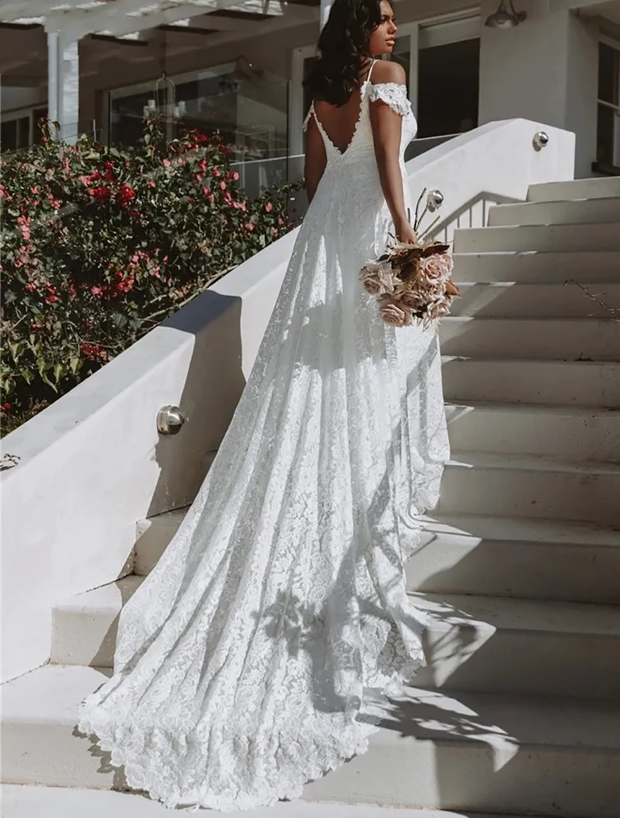 Boho Wedding Dress for Women 2024 Bride Slit Off the Shoulder Backless Lace Summer Beach Bridal Gowns Vestidos De Noiva Robes de Mariee