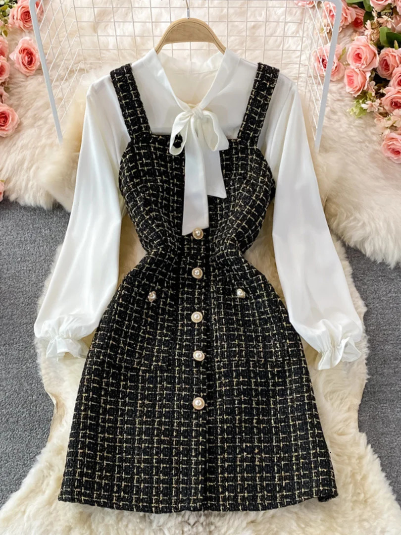 Womens two-piece set Korean fashion bow collar white shirt and spaghetti shoulder strap single chest mini tweed dress set 241112