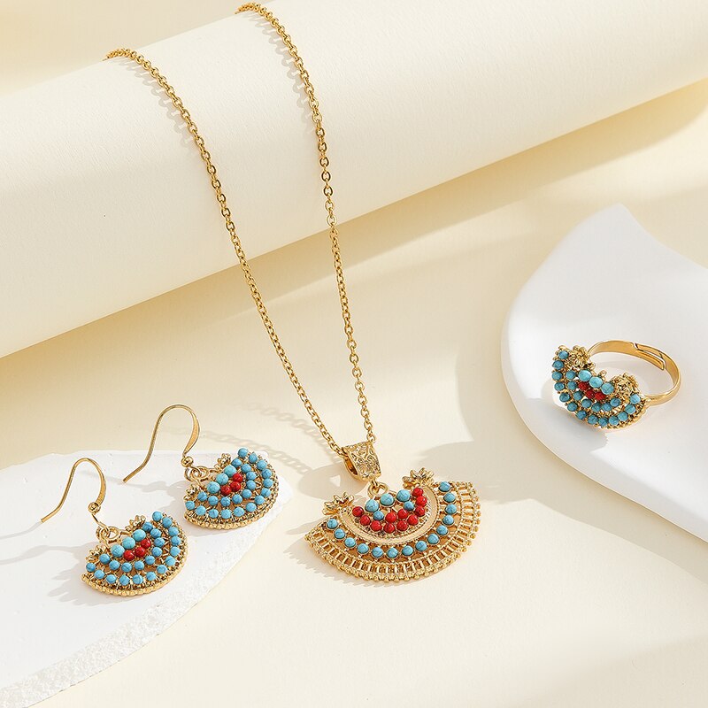 Pcs Fan Half Hollow Out Round Pearl Jewelry Set Gold Plated Earrings Ring Ladies Natural Inlaid Necklace for Party facce 5