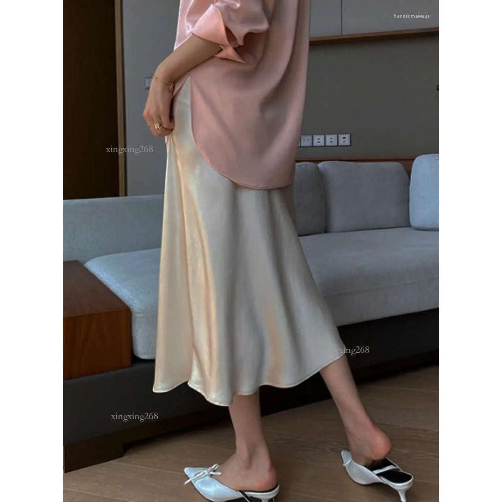 Silk Satin Dresses For Women High Waisted Skirt A-Line Elegant Summer Pink Midi Korean Style
