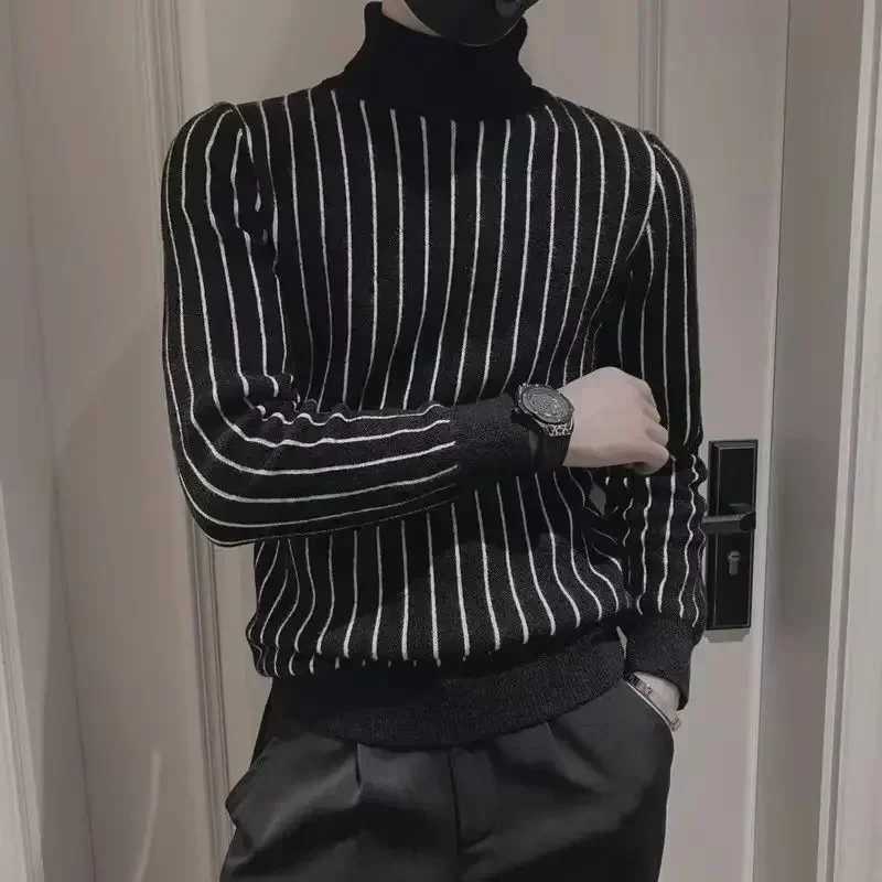 Mens Turtle Neck Black Knitted Sweater Mens High Neck Smooth Stripe Pulling Size Best Selling Product W2411111