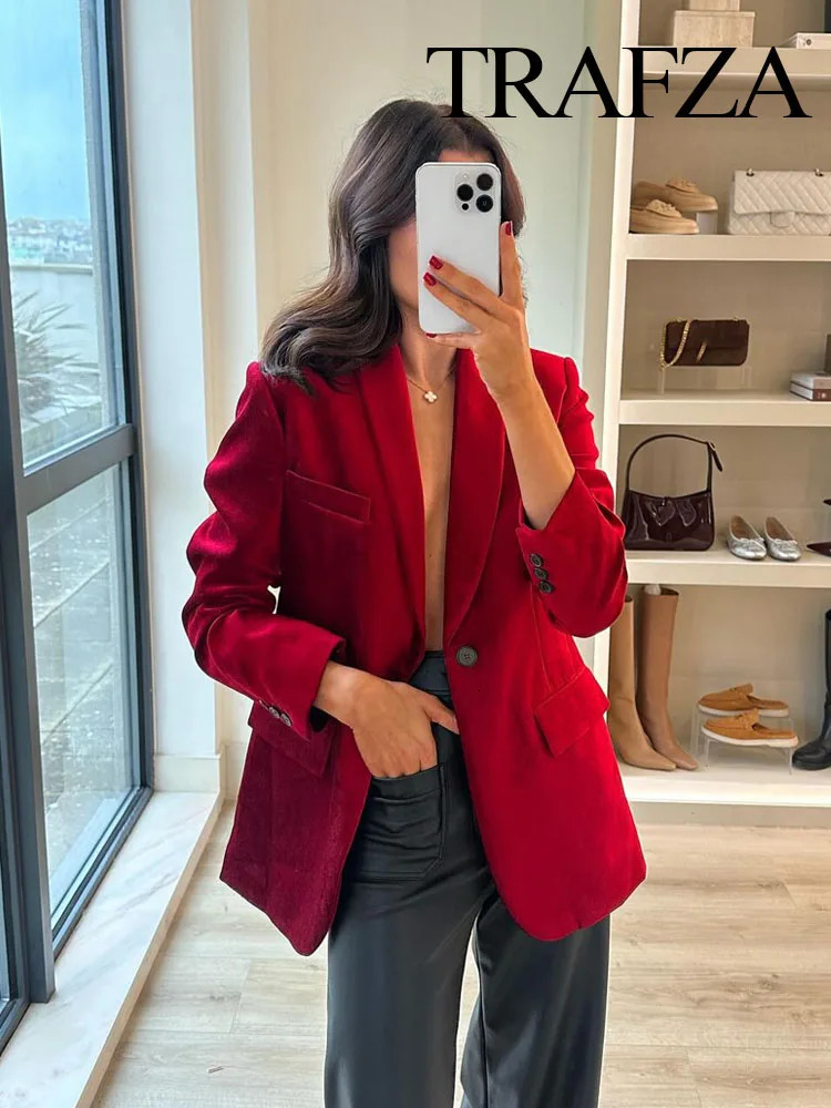 TRAFZA Womens Spring Chic Jacket Red Collar Long Sleeve Pocket Decorative Single Button Womens Fashion Jacket 241111