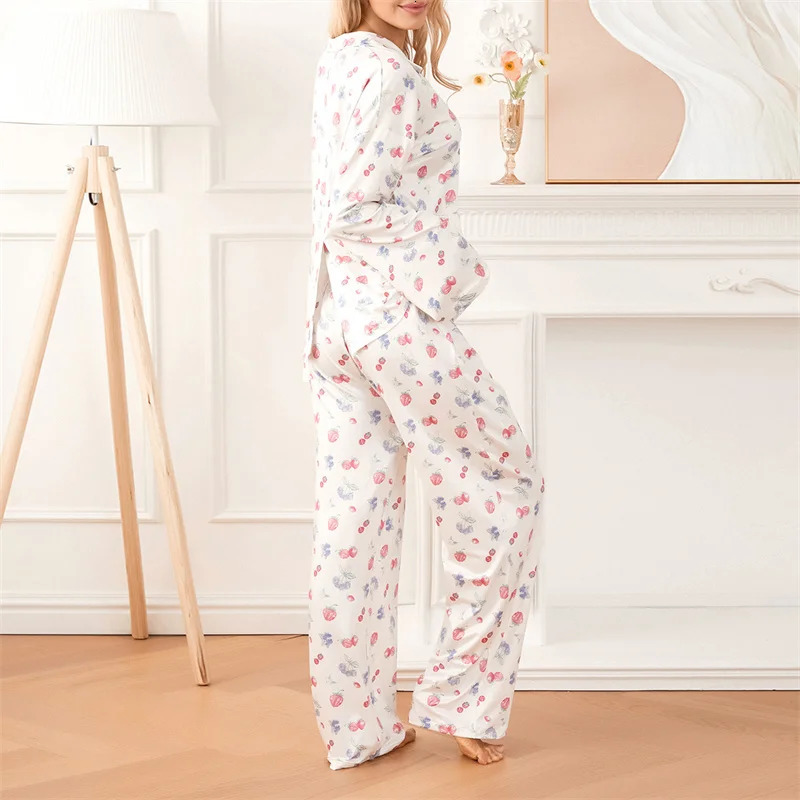 Womens loose 2-piece printed sweet long sleeved collared shirt top and elastic waist pants pajama set 241112