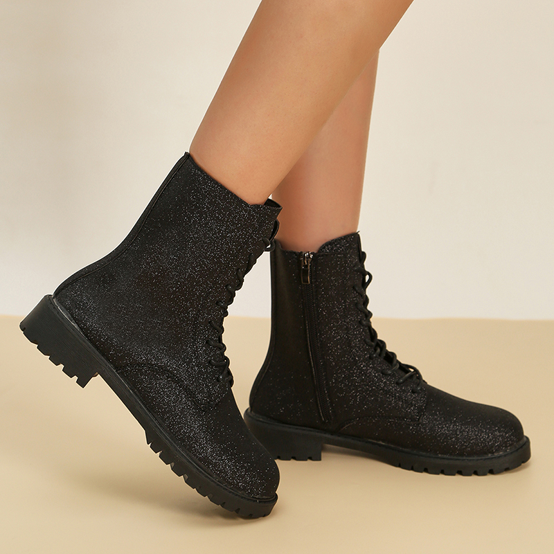 Shiny Black Glitter Ankle Women PU Leather Low Heels Short Boots Woman Zipper Lace Up Motorcycle Booties Punk Shoes Size42 5f31