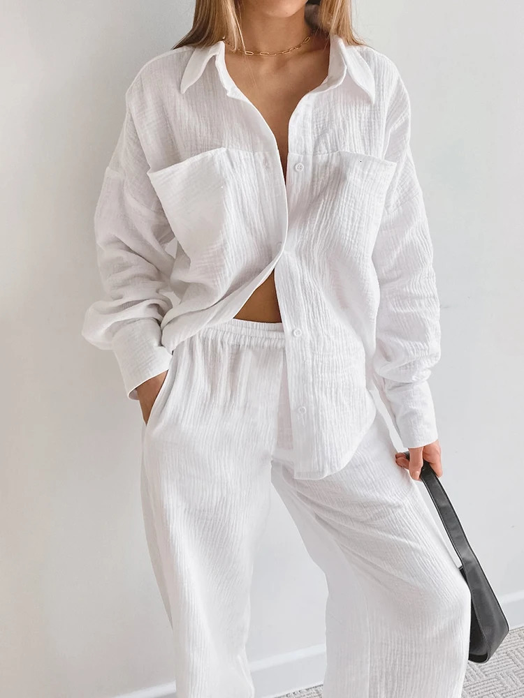 Linad Womens White Pajama Cotton Long Sleeve 2-piece Evening Dress Womens Casual Trouser Set Solid Autumn Pajama 241112