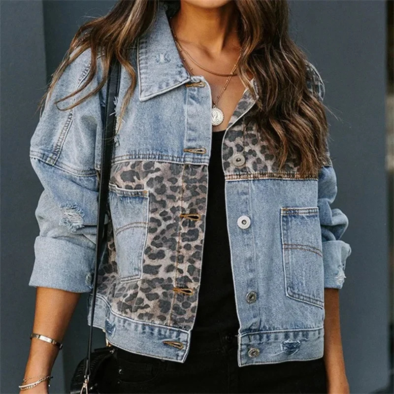 Womens denim jacket spring vintage jacket long sleeved single chest leopard print casual jeans womens top 241112