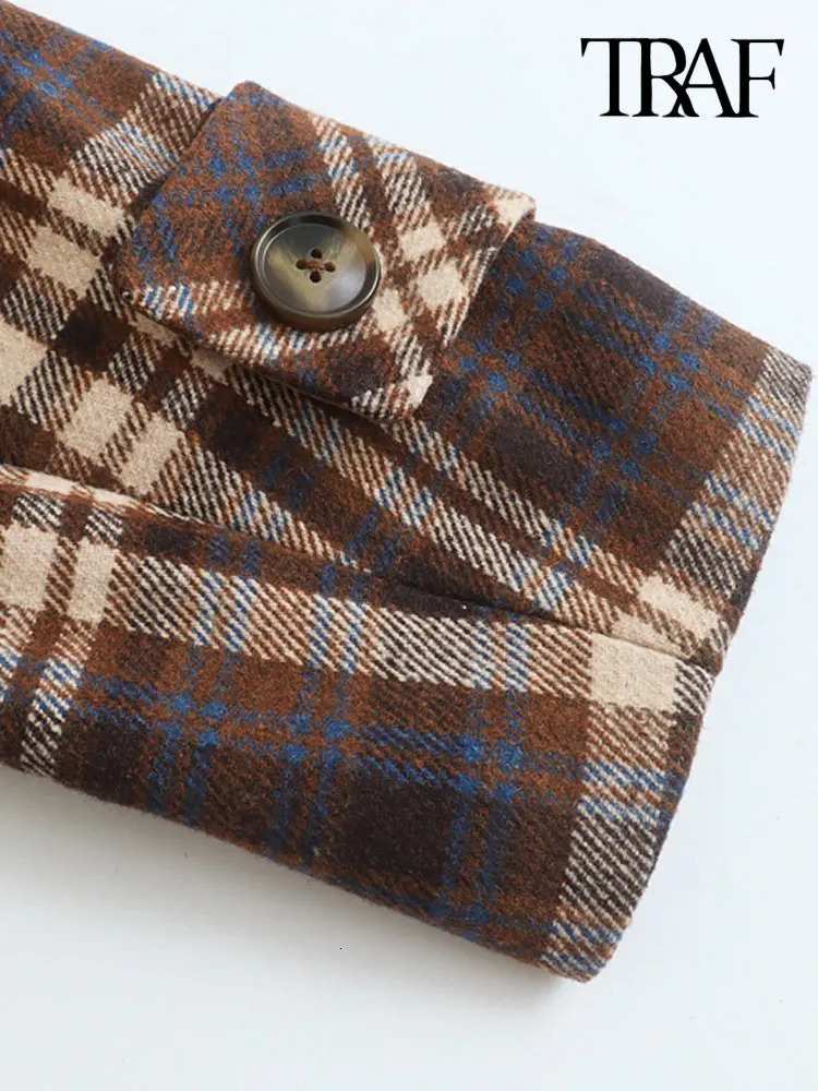 TRAF-Cropped Plaid Jacket for Women Long Sleeve Coat Button-up Female Outerwear Chic Tops Fashion 241112