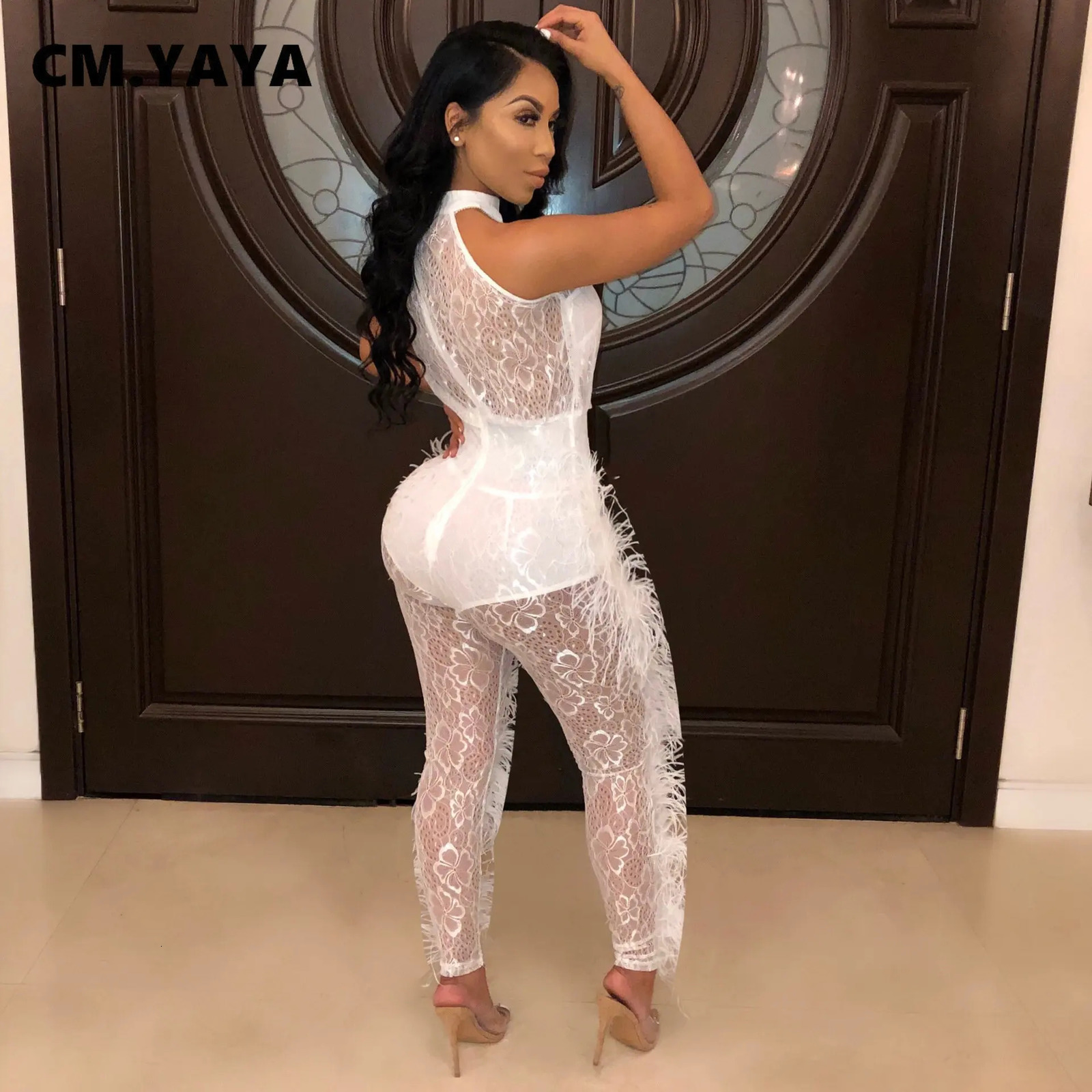 CM.YAYA Fashion Womens Sleeveless Lace See Through Fur Side Tight Elastic jumpsuit Street Clothing Sexy One Piece Set INS Playsuits 241112