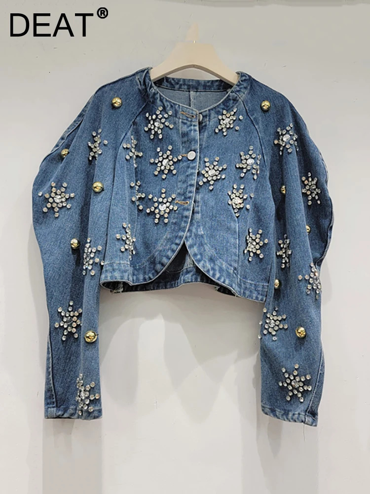DEAT Womens Denim Jacket O-Neck Puff Sleeves Embroidered Flame Single Chest Short Jacket Autumn Fashion 29L3222 241112
