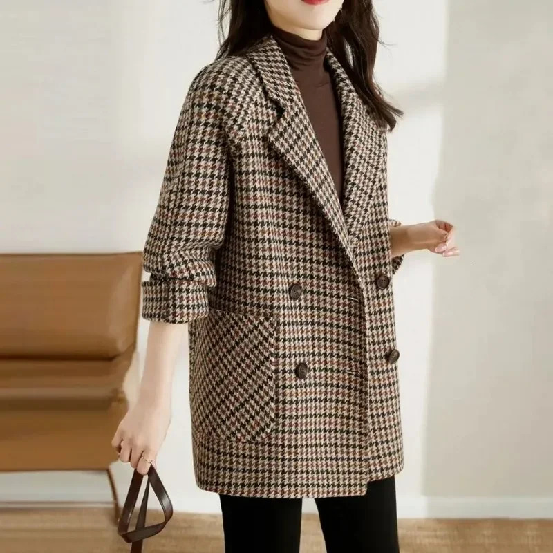 Plain weave womens wool blend coat autumn winter coat Korean fashion medium long jacket loose collar coat fashion top 241111