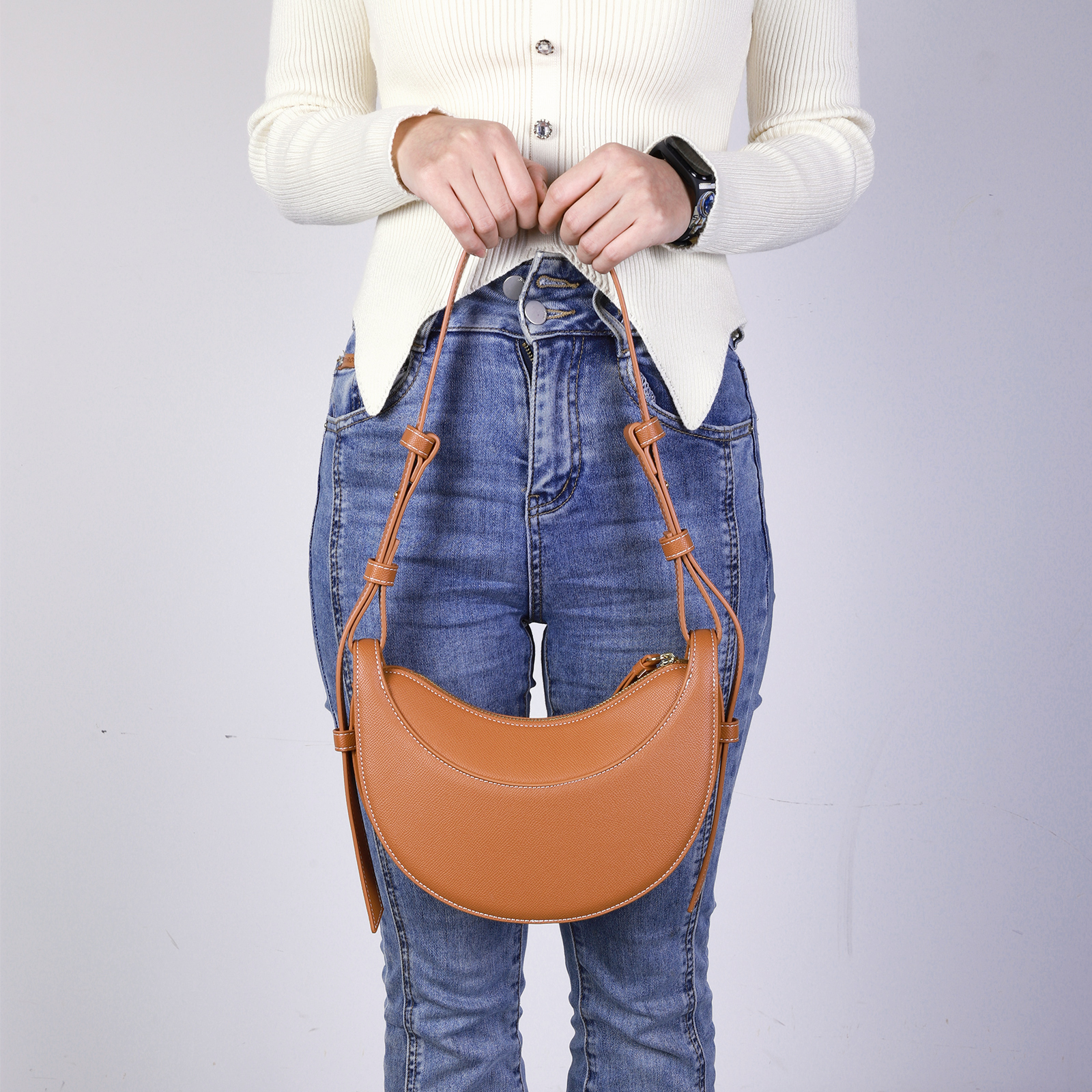 Luxury Brand Hand Bags Women's Litchi Pattern Crescent Genuine Leather Underarm Bag Saddle Bag Adjustable Strap Shoulder Bag