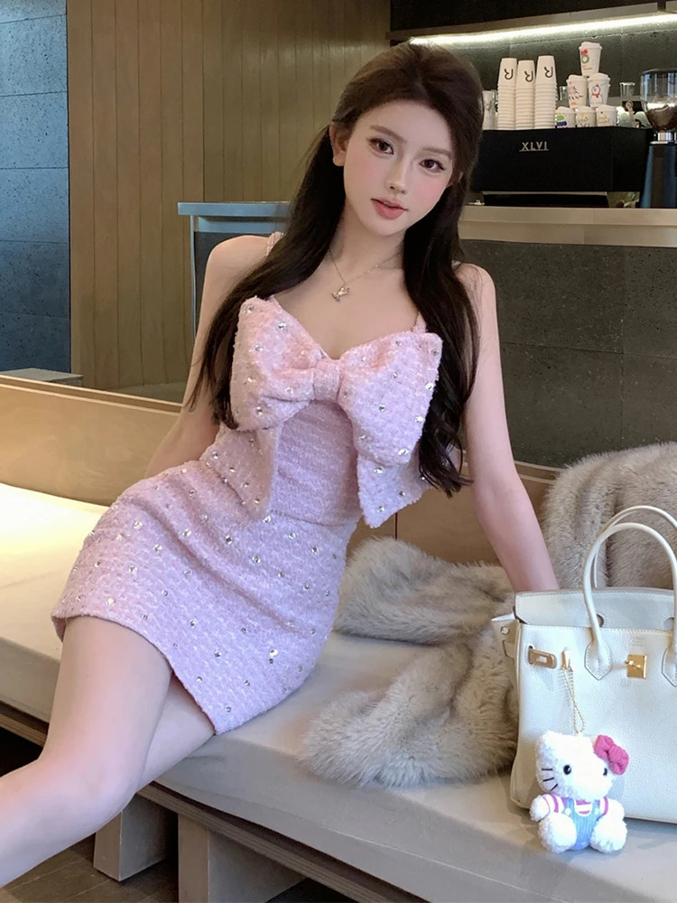 High quality coarse woolen two-piece set for womens sleeveless large bow diamond Camisol crop top body mini skiing set sweet 2-piece set 241112