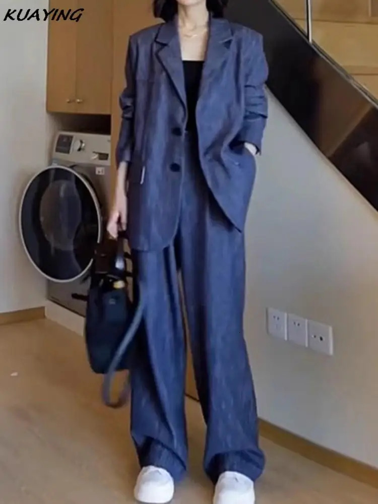 Autumn Women Denim Blazer Pantsuit Korean Fashion Vintage Wide Leg Pants 2 Piece Set Female Business Casual Trousers Outfits 241112