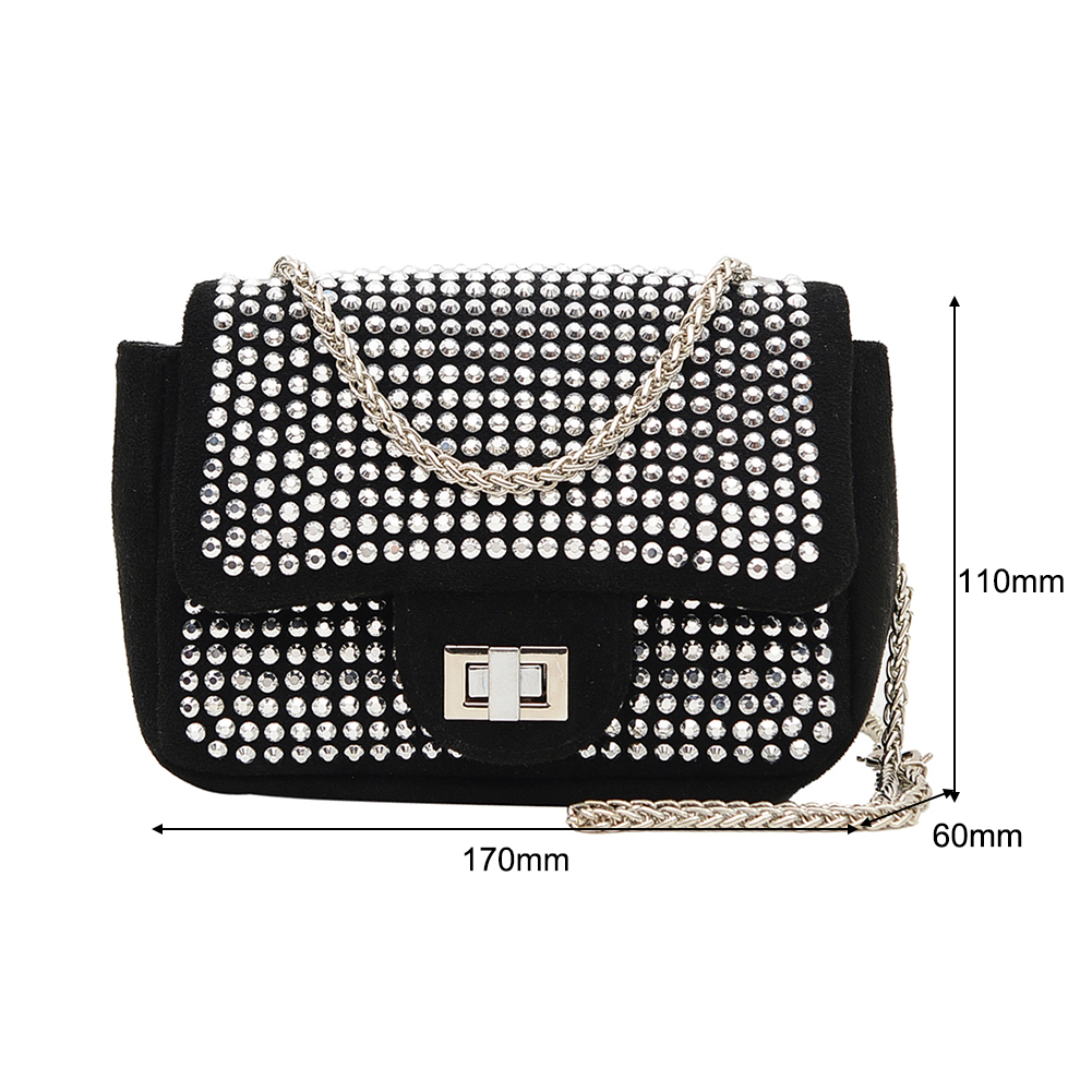 Vintage Leather Rhinestone Crossbody Bag Women Glitter Chain Shoulder Bags