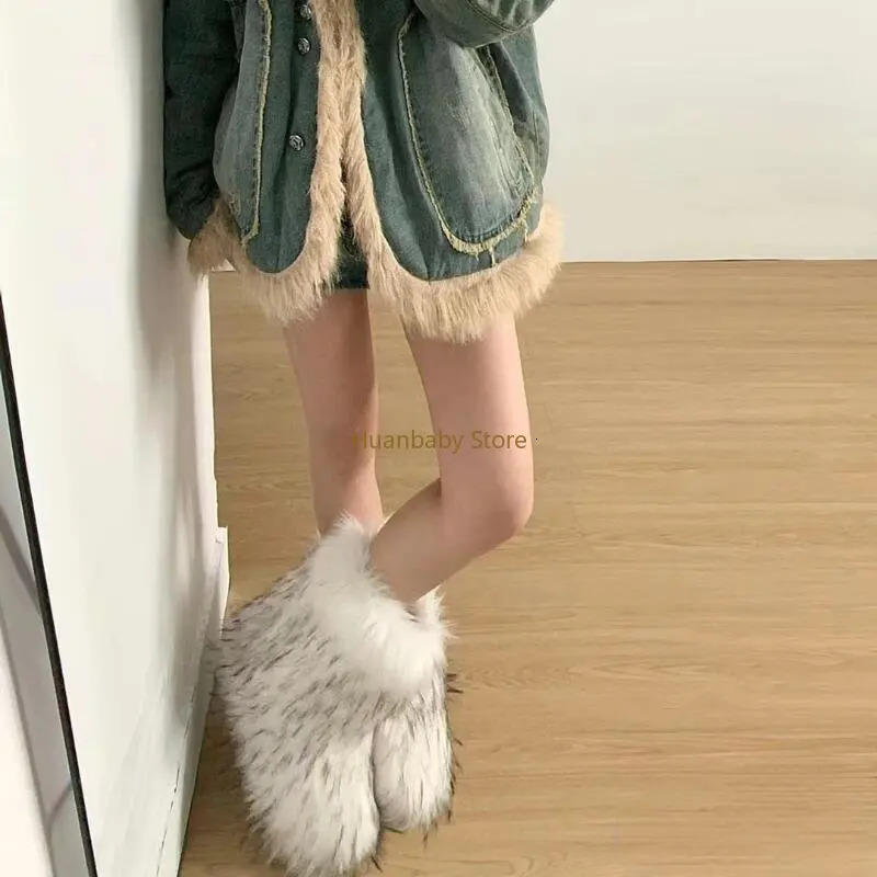 25 CM Womens Winter Boots Fluffy Faux Fox Fur Ladays Plush Warm Snow Boots Footwear Girl Furry Fur Bottes Fashion Shoes 241112