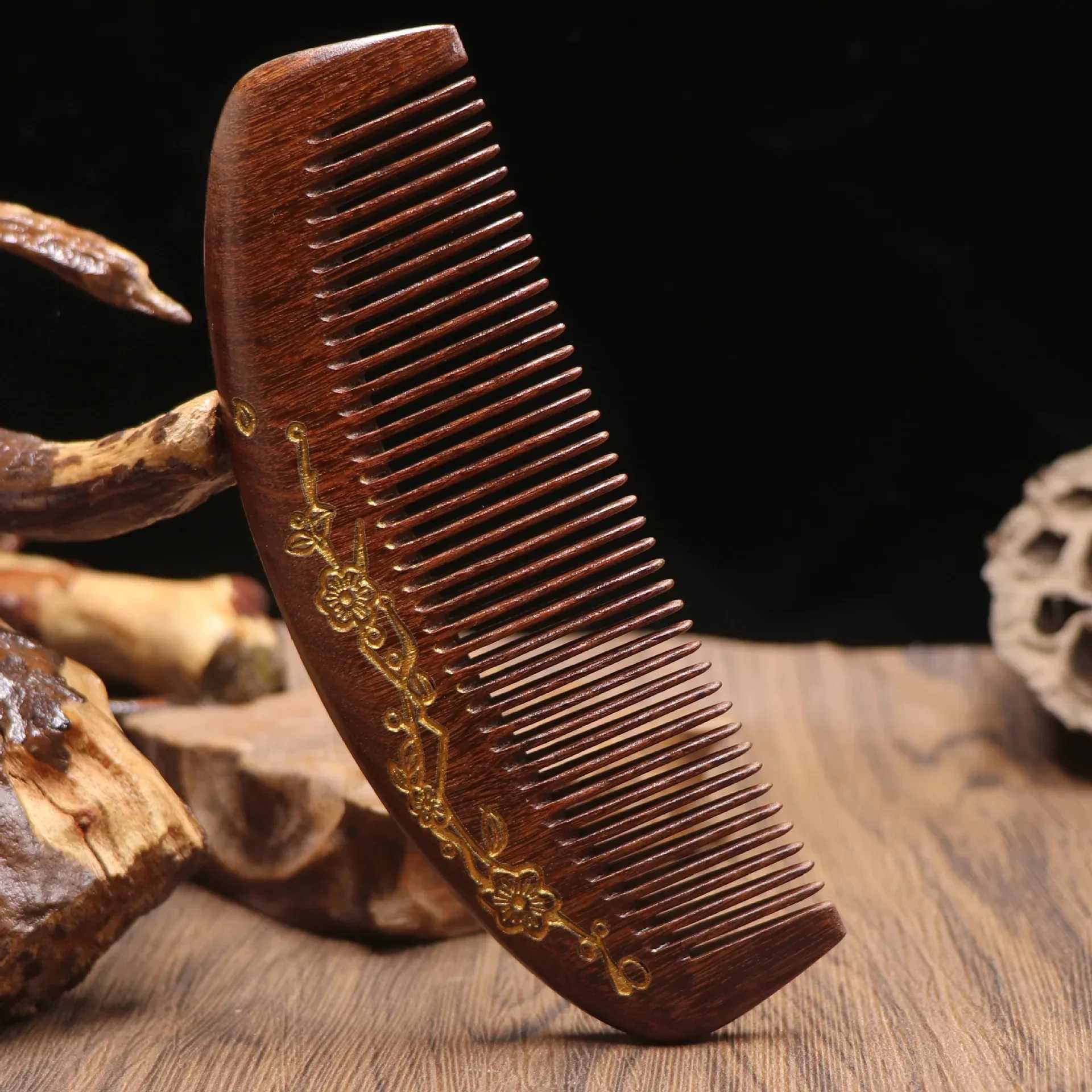 Golden silk sandalwood crescent 6cm anti-static comb with curly wood comb W241112