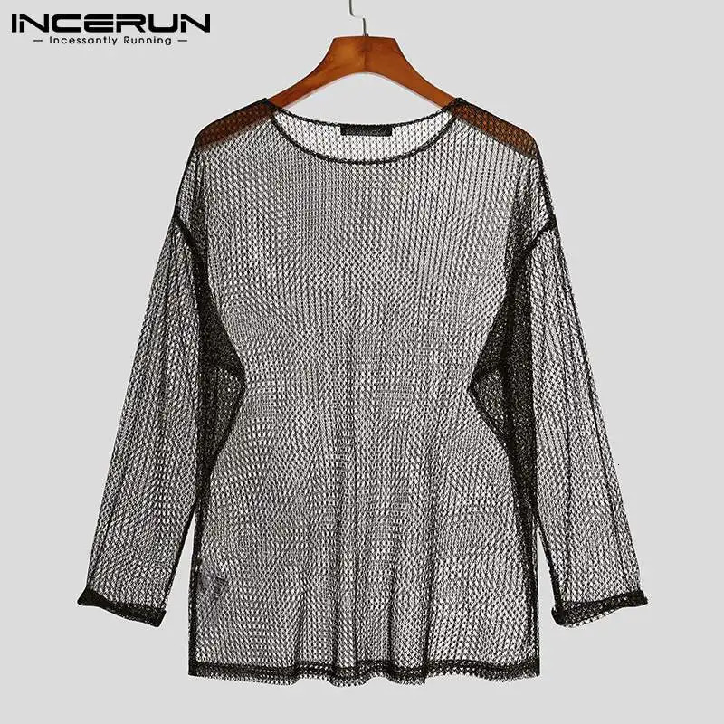mens T-shirt O-neck mesh See Through long sleeved sexy streetwear casual Camisetas party nightclub T-shirt top mens S-5XL INCERUN 241112