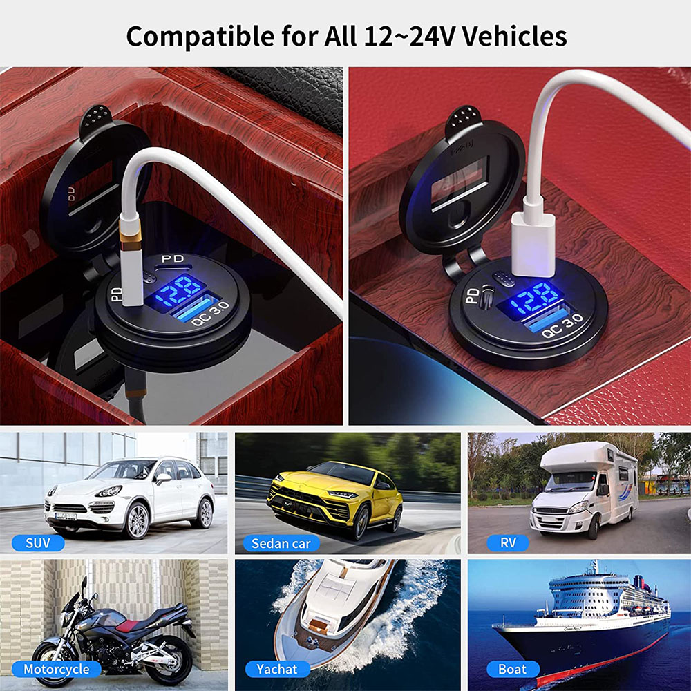 12V/24V USB Outlet 108W 3 Ports Car Charger Socket Dual 45W PD Type C & 18W QC 3.0 Motorcycle Socket Power Outlet Charge Adapter
