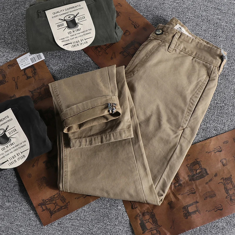 3316# Spring and Autumn American Retro Woven Twill Cargo Pants Mens Simple 100% Cotton Washed Old Slim Straight Trousers 241112