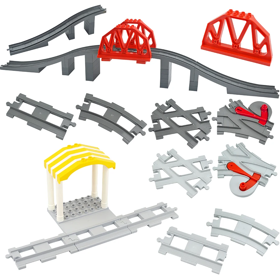 Big Size Railway Train Track Bricks Straight Curved Uphill Large Track Bridge Vehicle City Toy Building Brick Compatible Duploes