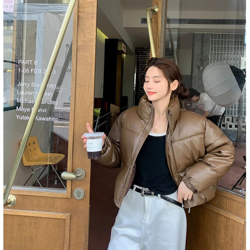 Womens down jacket brown winter Korean fashion Y2K style stand up collar black warm womens jacket cotton jacket 241112