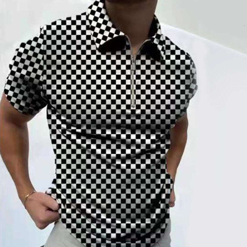 2024 Summer Black Plaid polo shirt for men's casual oversized short sleeved top