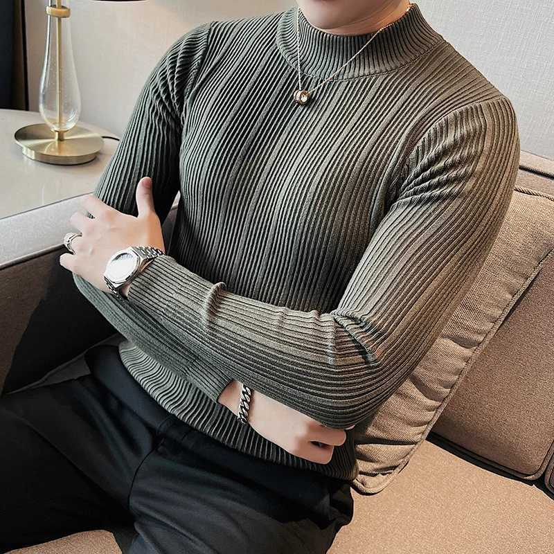 Fashionable ultra-thin slim fit turtle neck knitted sweater mens ultra-thin slim fit clothing autumn new casual striped pull-out fully matched warm to