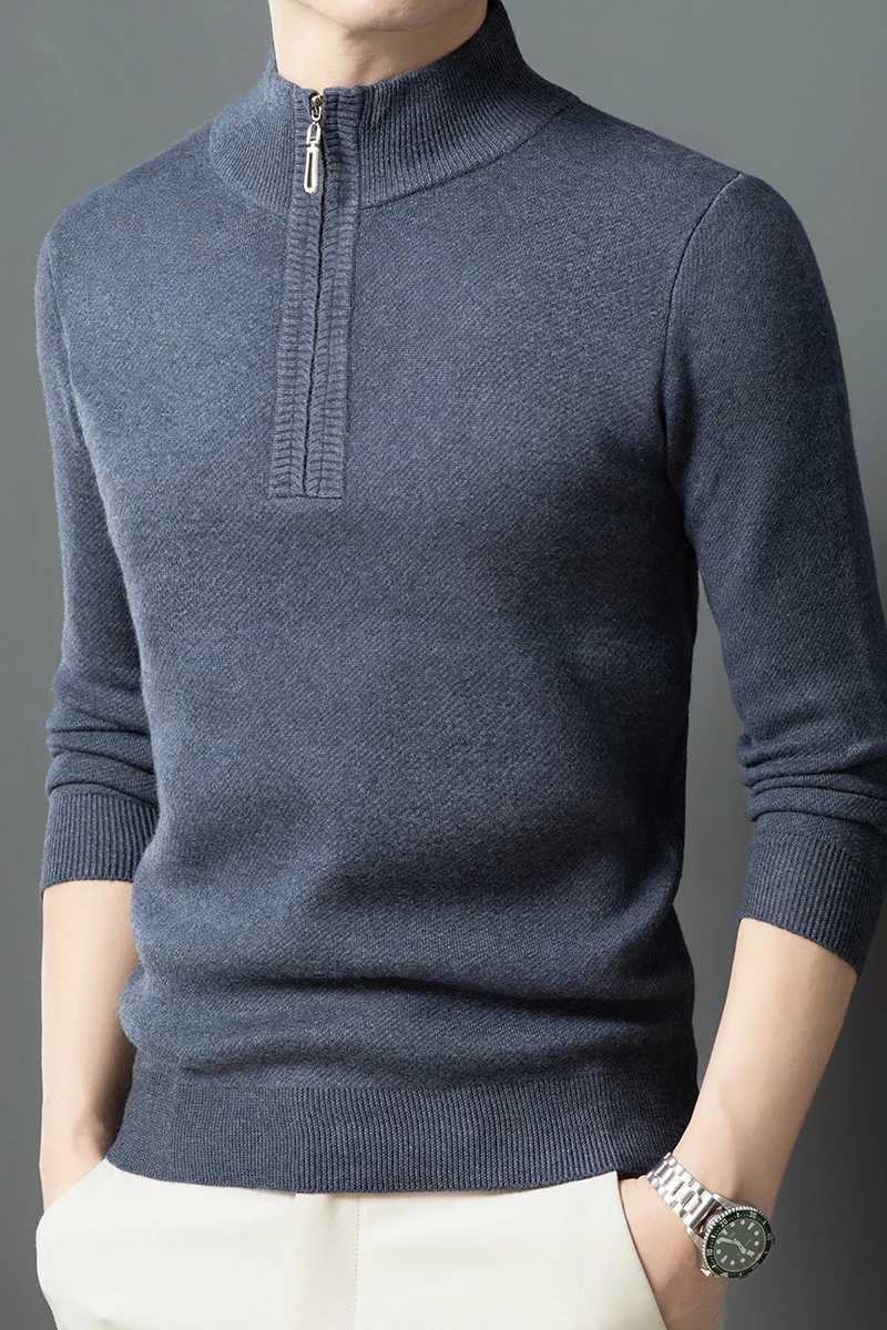 Pure wool sweater for autumn and winter mens standing collar suitable for young and middle-aged people wearing a half turtle neck zipper sweater at th