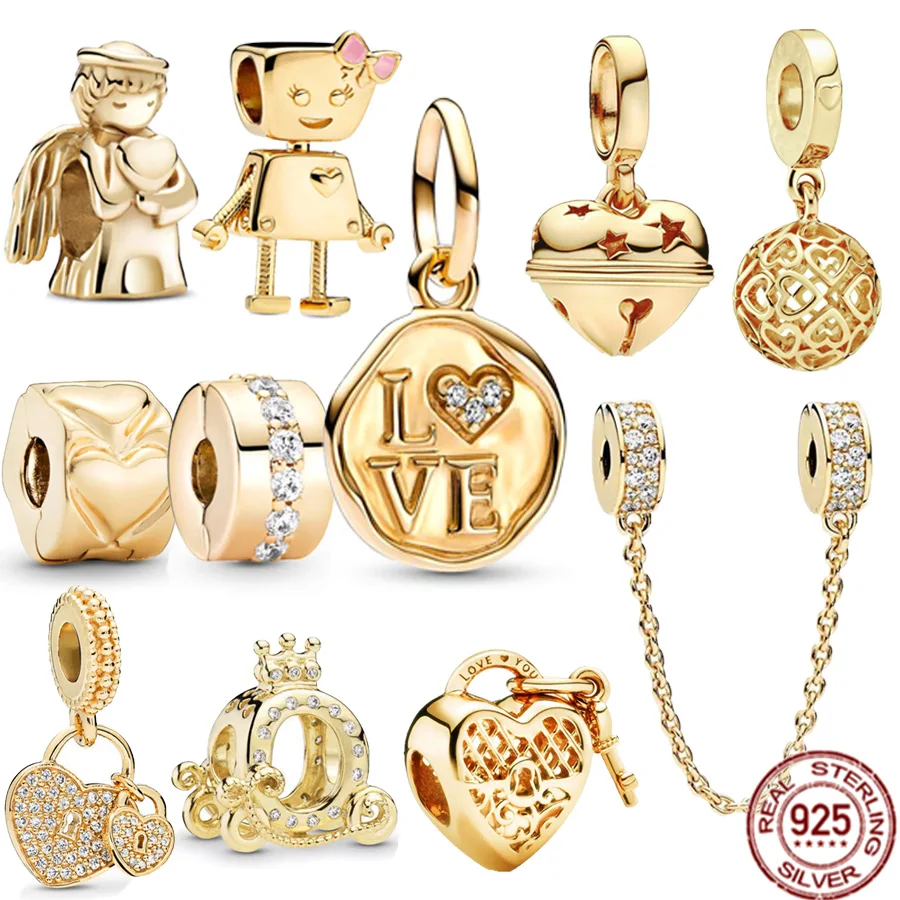 925 Sterling Silver Original Gold Sparkling Love Stamp Festive Bell Dangle Charm Bead Fit Bracelet Jewelry Gift Free Shipping