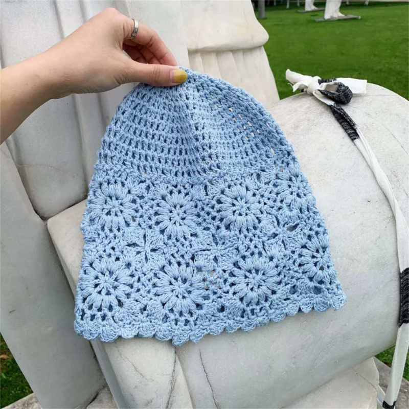Slouchy Beanie Handmade Crochet Soft Knit Hat Cutout Floral Skull Cap for Girls Dropship