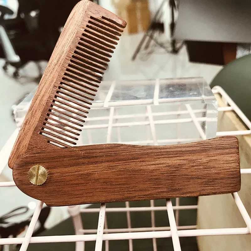 Foldable beard comb natural wood portable barber natural beard brush comb clipper facial cleaning and styling tool W241112