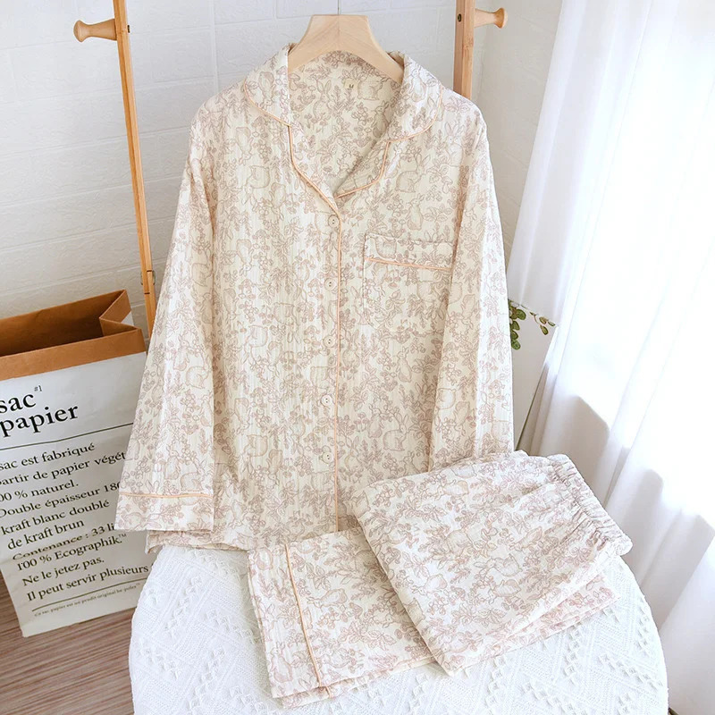Autumn long sleeved cotton double high waisted womens pajamas loose casual plus size casual jacket flip collar printed pajamas 241112