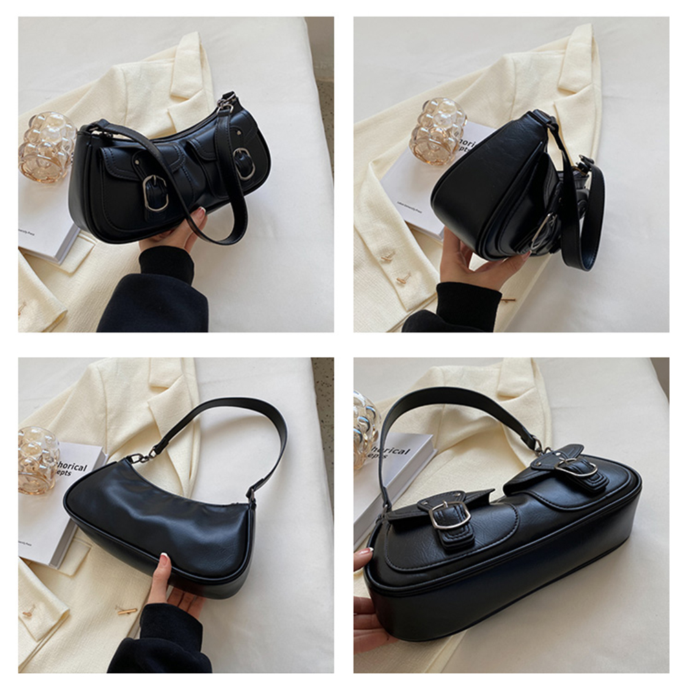 Women Fashion Shoulder Bag Double Pockets PU Leather Simple Underarm Bag Y2K Retro Commuting Bag Large Capacity Chic Hobo Bag