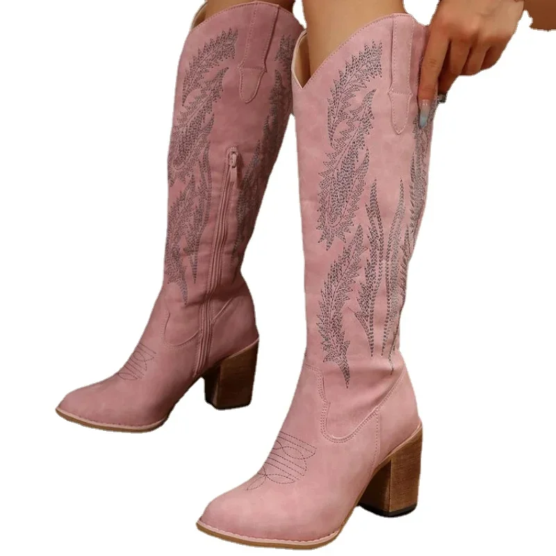 Women Thick Heels Western Boots Women Autumn Chunky Heels Knee High Cowboy Boots Woman Pointed Toe Chunky Heeled Long Botas 202