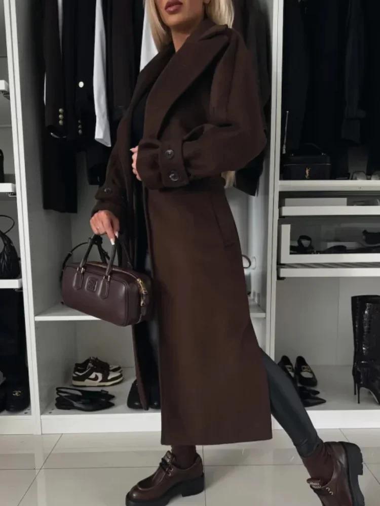 Elegant wine red collar womens coat with belt fashionable long sleeved side split wool blend coat winter womens fashionable coat 241112