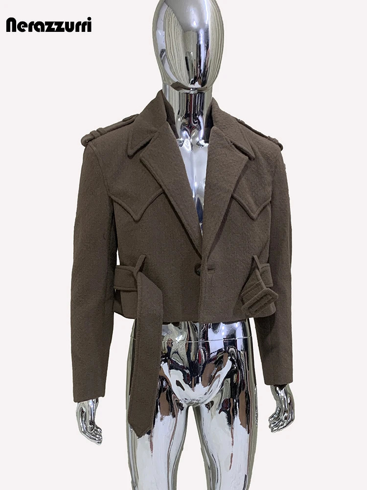 Mauroicardi Autumn Elegant Warm Short Woolen Jacket Men Belt Long Sleeve Single Breasted Clothes 2024 241108