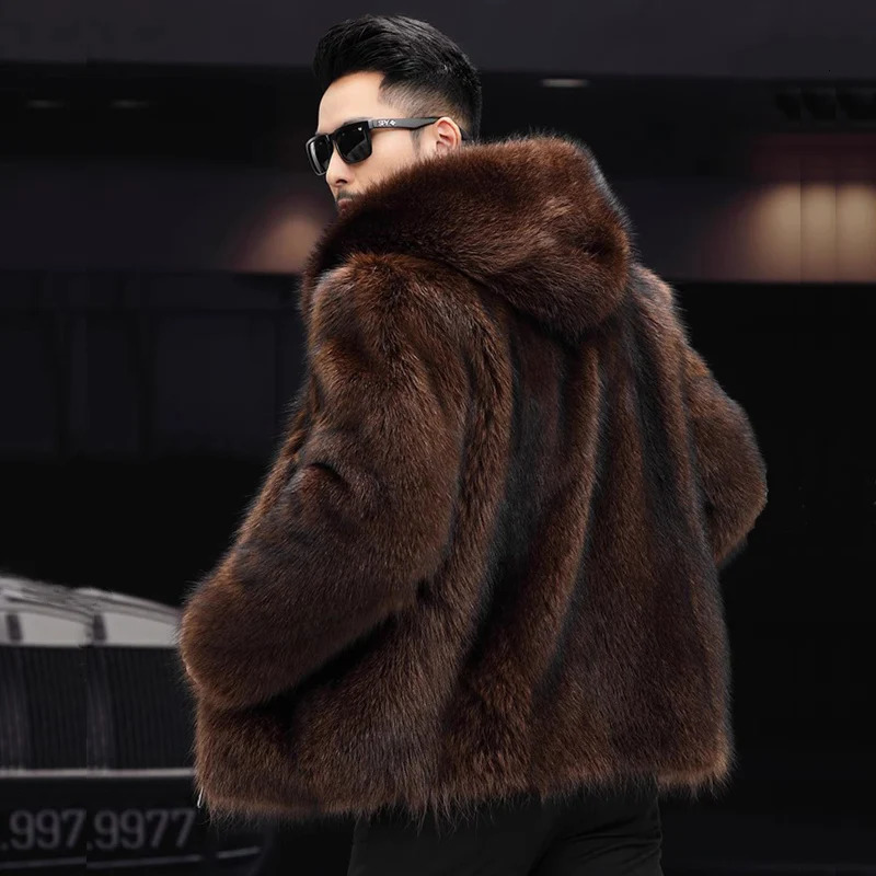 Mens fur coat mink coat short hooded casual fashion trend winter zipper jacket 241112
