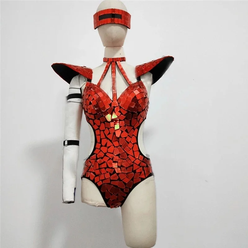Mirror Bodysuit Women Dance Costume Gold Silver Sequins Fly Shoulder Hollow Out Rave Outfit Stage Performance Clothes Gogo Show