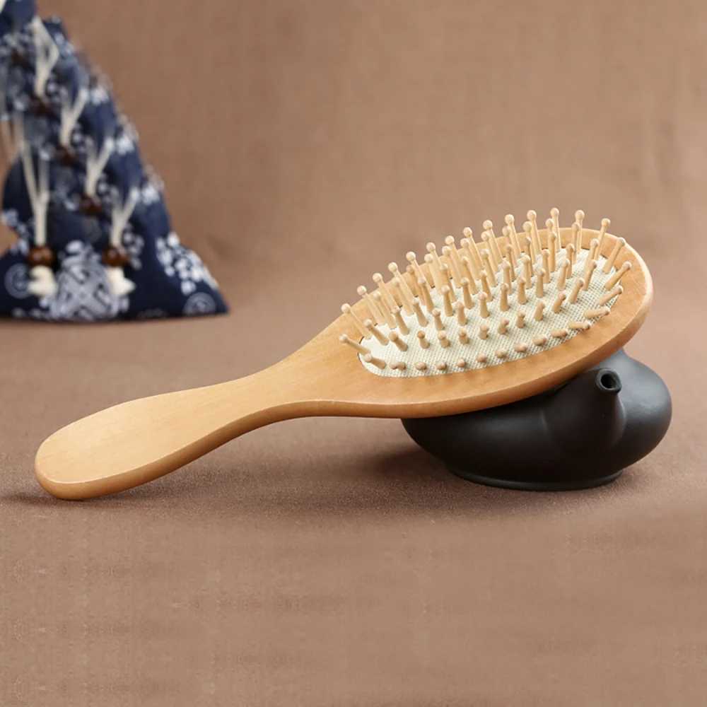 Bamboo and wood hair brush anti-static oval head meridian massage comb W241112
